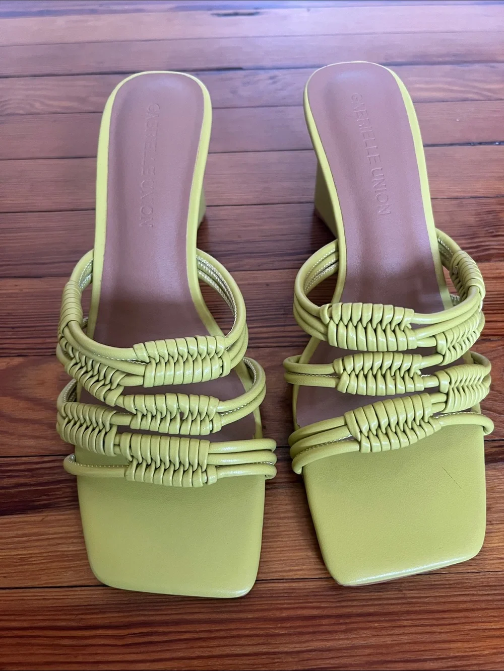 Gabrielle Union Lime Green Braided Wedge Sandals Square Toe Slip On NWOB Size 9